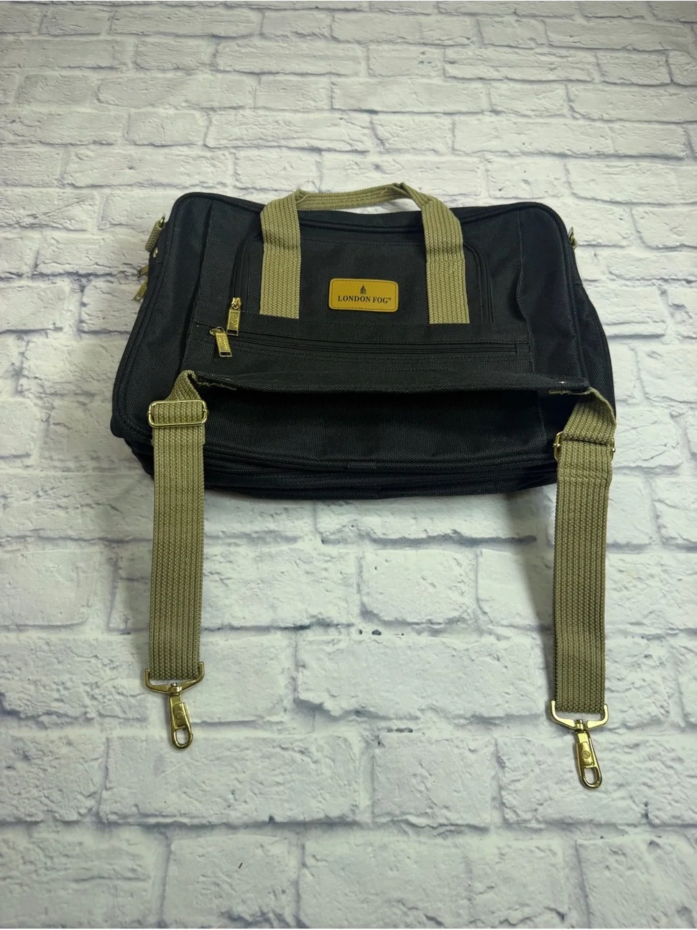 NWOT London Fog Black Laptop Briefcase with Tan Accents & Shoulder Strap.